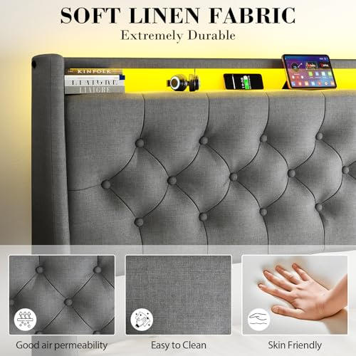 Queen Bed Frame with 2 Storage Drawers, Platform Bed Frame Queen Size with LED Light, Upholstered Headboard, Charging Station, Steel Slat Support