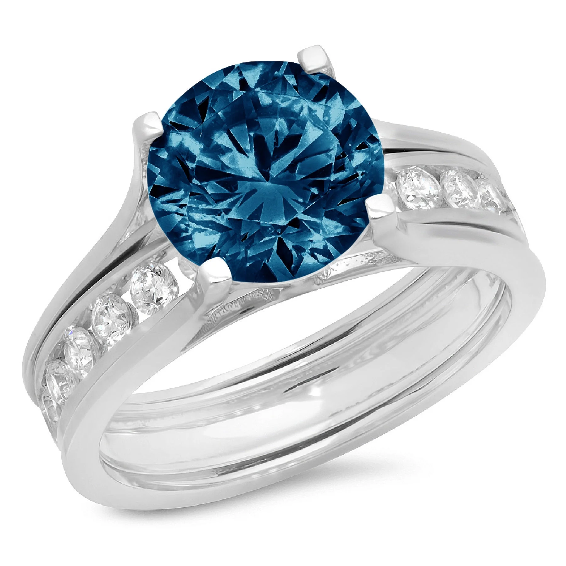 3.39ct round cut natural london blue topaz 14k white gold engraving wedding anniversary engagement bridal ring band set size 8