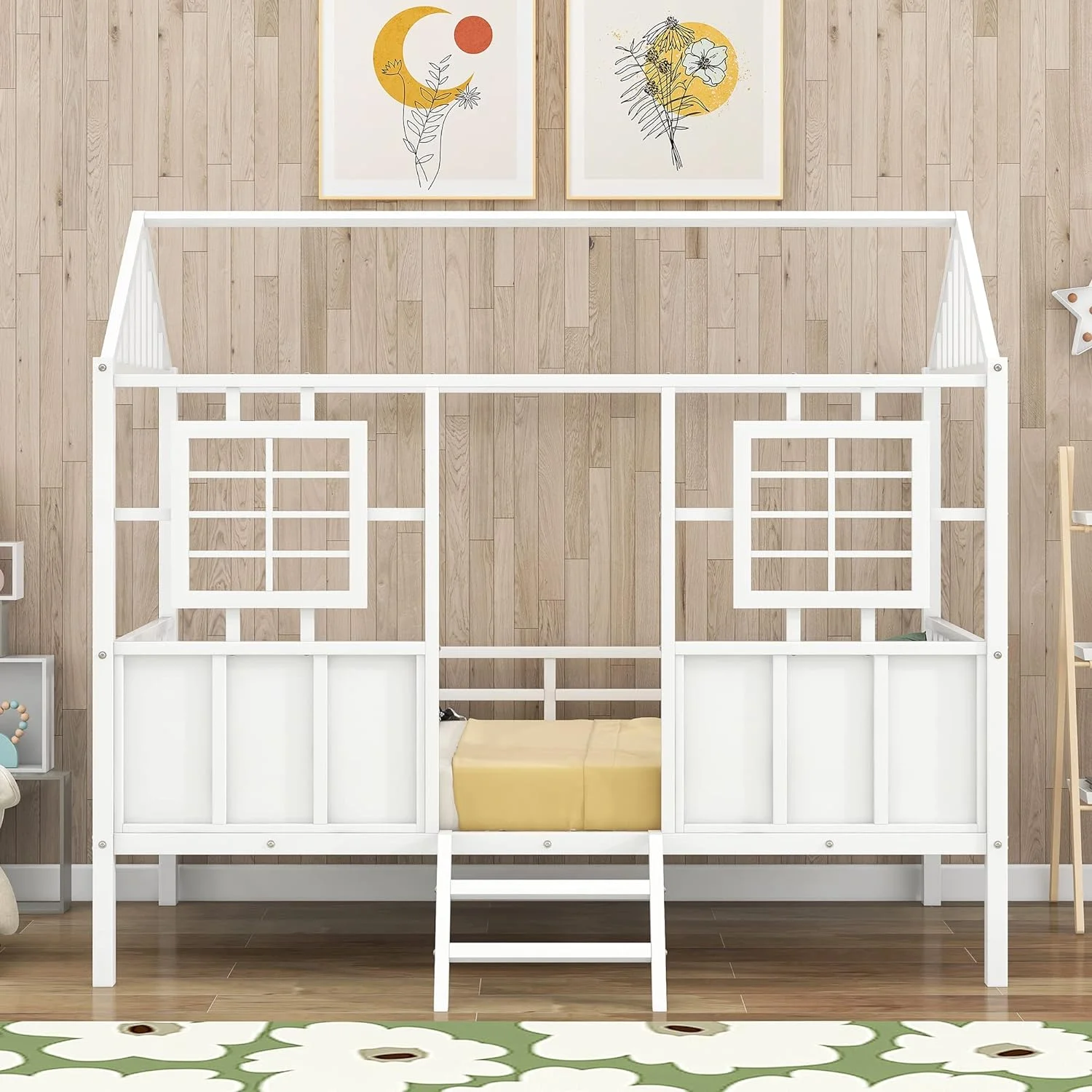 Size Low Loft Bed For Kids, Metal House Bed Frame With Roof And Two Front Windows
