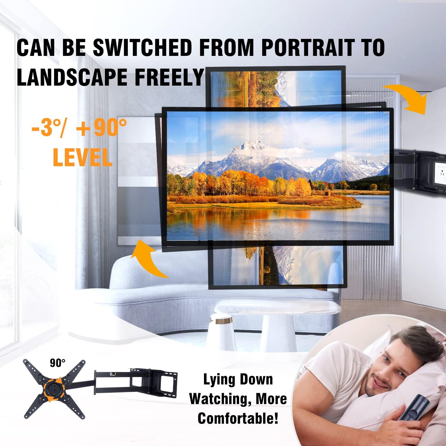 WHYFONE Landscape to Portrait Long Arm TV Mount,Full Motion TV Wall Mount Bracket with 48" Extension Articulating Arms,Swivels,Tilts,Rotation