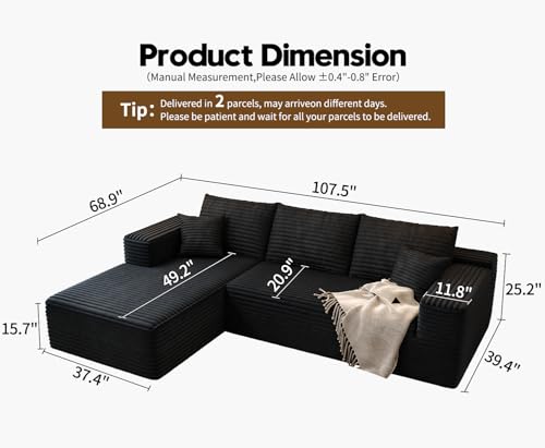 107.5" Cloud Modular Sectional Sofa with 1 Ottoman,Modern Minimalist Upholstered Couches, Comfort U Shaped Sofa for Living Room