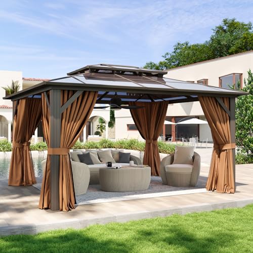 Aoxun 12'x10' Hardtop Gazebo, Aluminum Frame Permanent Pavilion with Curtains and Netting, Outdoor Polycarbonate Double Roof Canopy