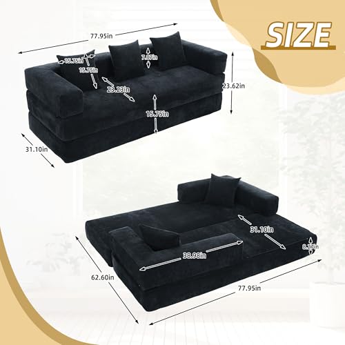 Convertible Sleeper Sofa Bed with Cylindrical Pillow, Corduroy Folding Mattress Couch with Fixed-Shape Frame