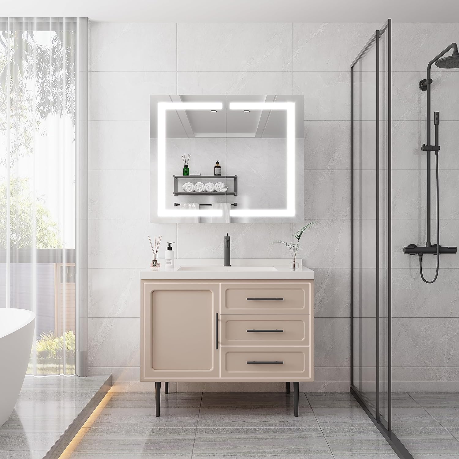 36 x 30 inch Medicine Cabinet with LED Vanity Mirror, Anti-Fog, Recessed or Surface Mount, Waterproof, Dimmable