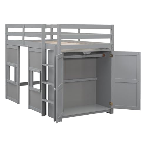 Full Size Loft Bed with L-Shaped Desk, Wardrobe and Storage Shelves, Solid Wood Bedframe w/Safety Guardrails & Ladder for Kids Teens Adults