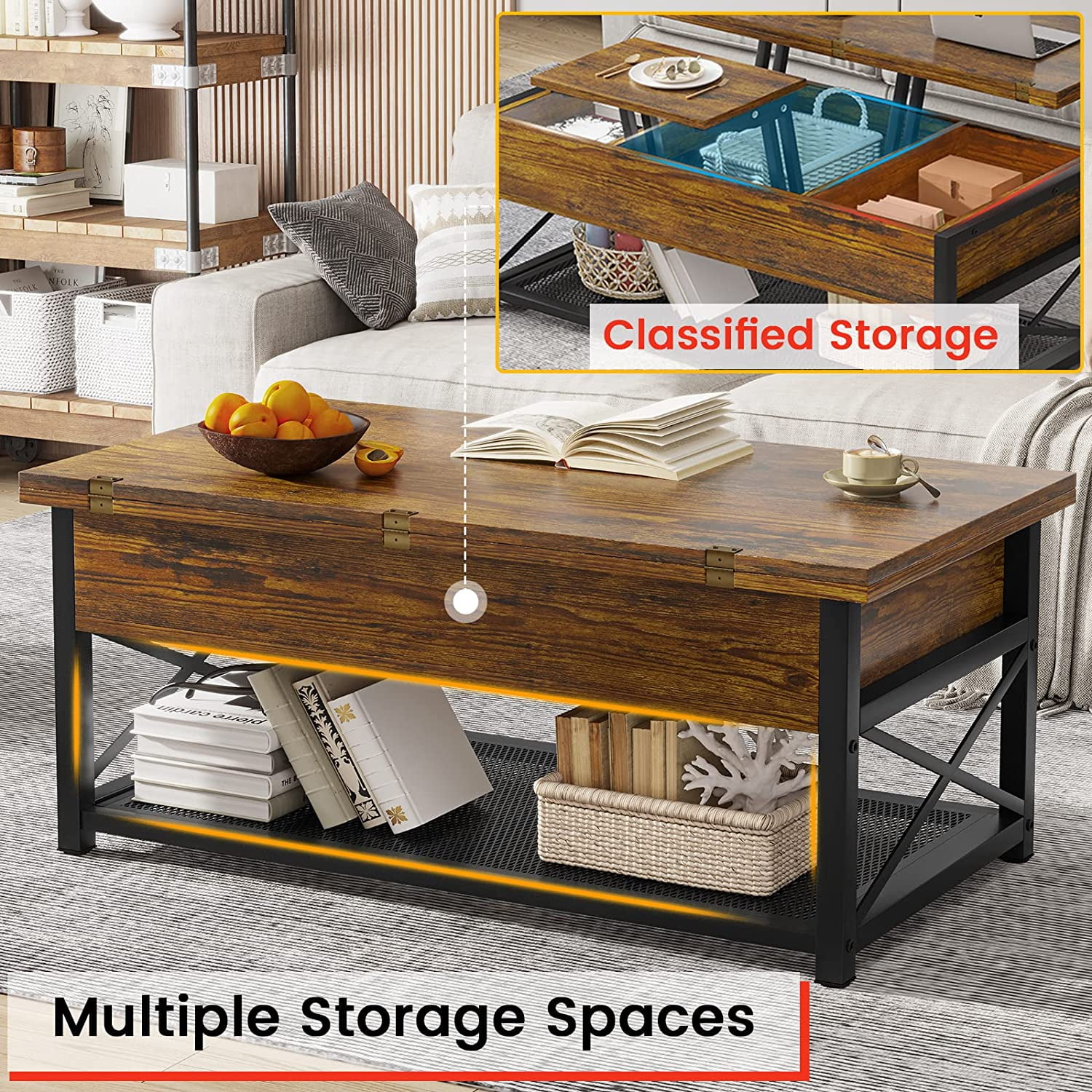 3 in 1 Multi-Function Coffee Table, Lift Top Coffee Table with Storage for Living Room, Rustic Brown - Curated Treasures Market