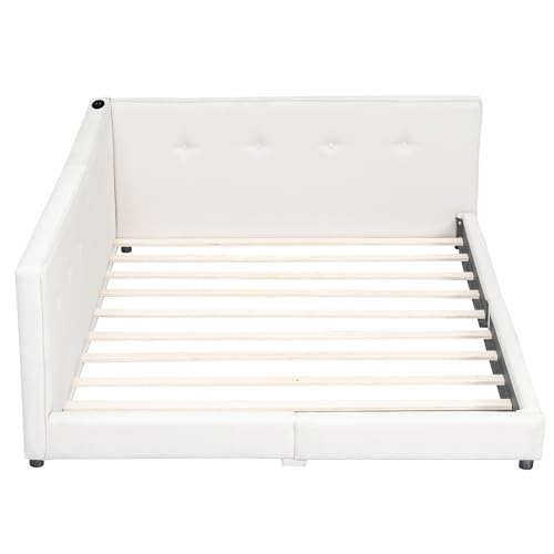SOFTSEA Full Size Upholstered Floor Daybed, Modern L-Shaped Daybed Corner Bed with USB Ports