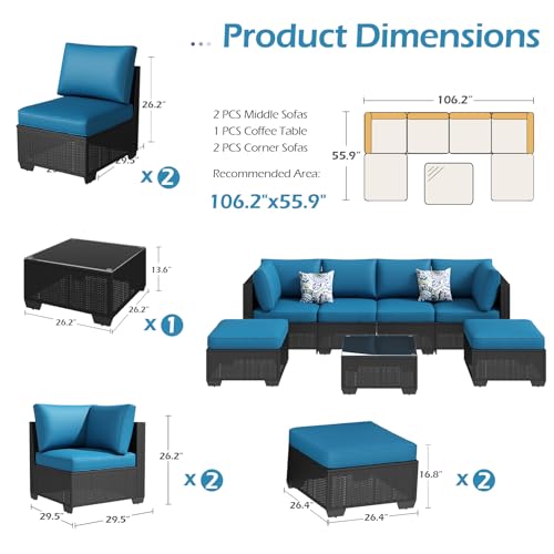 U-MAX 7 Piece Outdoor Patio Furniture Set, PE Rattan Outdoor Wicker Sectional Furniture Chair Set with Cushions and Tea Table