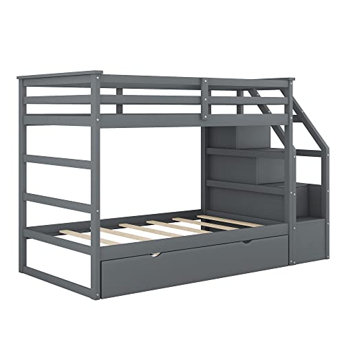 Harper & Bright Designs Twin Over Twin Bunk Bed with Trundle, Wood Bunk Bed with Storage Stairs for Kids Teens Adults (Walnut)
