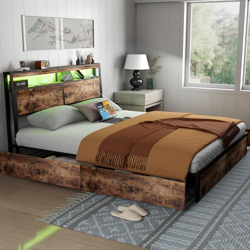 SADENICEL Queen Bed Frame with Storage Headboard and 4 Drawers, Metal Platform Bed Frame with LED Light, Charging Station, No Box Spring Needed