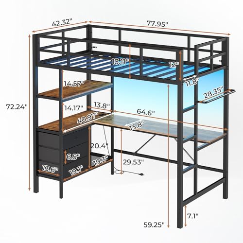 DICTAC Loft Bed Full Size with L-Shaped Desk and Charging Station Full Metal Bed Frame with LED Lights,Open Shelves and 3 Fabric Storage Drawers