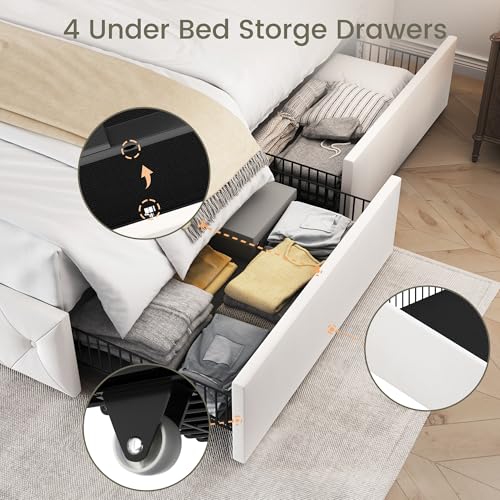 King Size Bed Frame with 4 Storage Drawers and Tufted Headboard Linen Upholstered Platform Bed Frame Wingback Beds with Wooden Slats Support