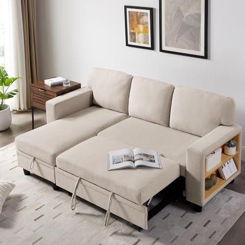 RedLemon 80” Sleeper Sofa Bed,L-Shaped Convertible Sectional Couch with Storage Chaise,2 Built-in Bookshelves and USB Charging Port