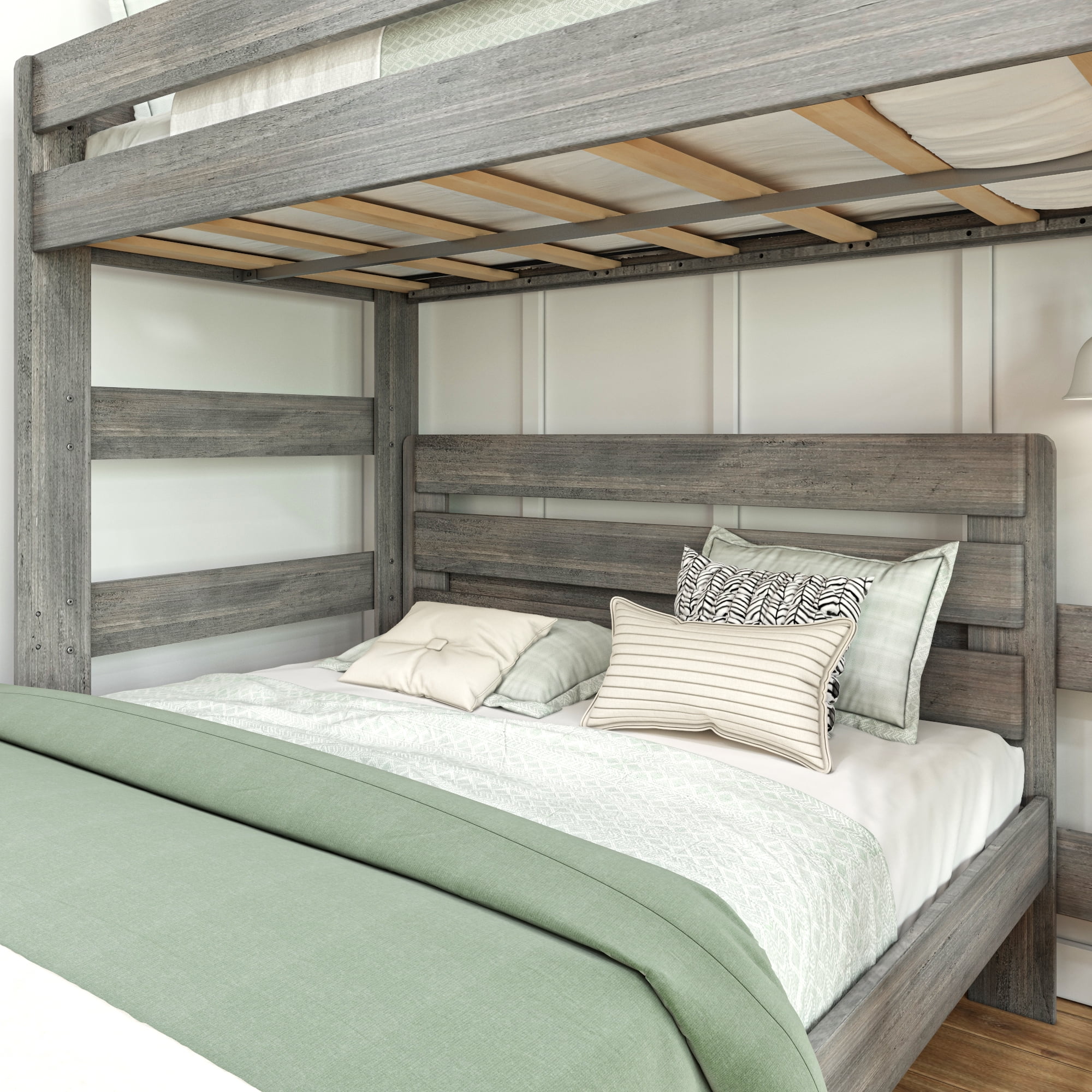 Max & Lily Solid Wood Loft Bed, Modern Farmhouse L-Shaped Twin over Queen Bed Frame for Kids, Driftwood