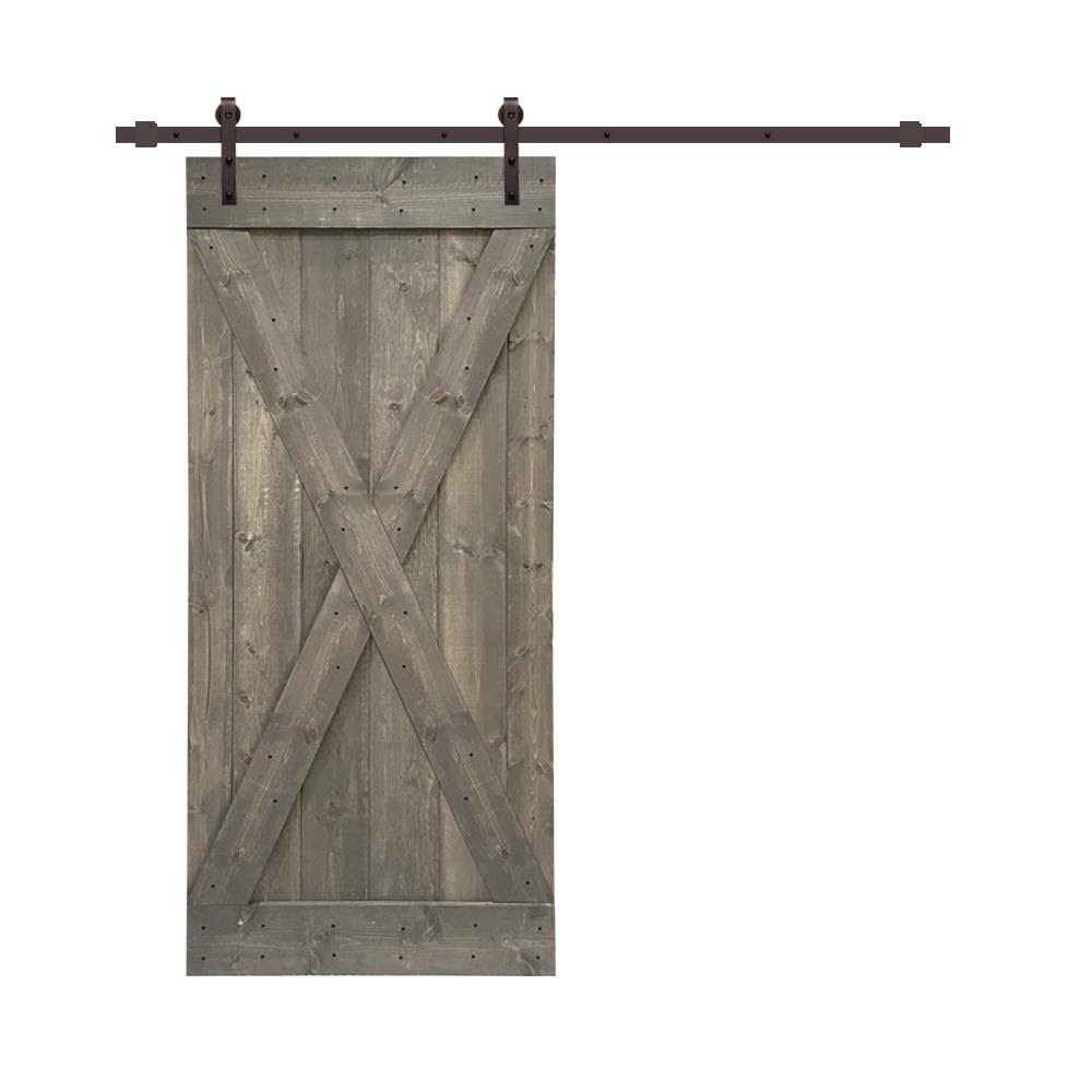 CALHOME x Series 36 in. L x 84 in. H Solid Weather Gray Stained Knotty Pine Wood Interior Sliding Barn Door with Hardware Kit