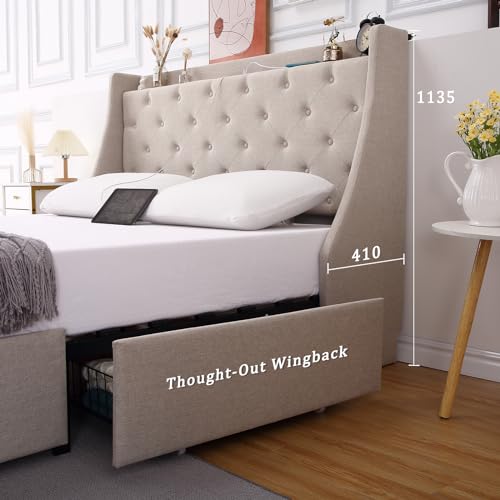 Full Size Bed Frame with Charging Station,Upholstered Platform Bed with Button Tufted Storage Headboard Wingback and 4 Storage Drawers