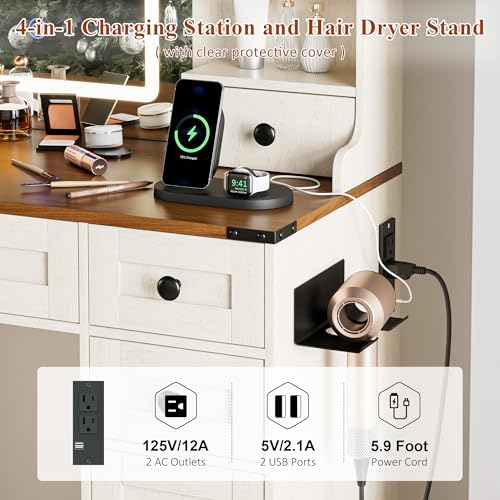 NUNU LAB 42 Inchs Large Vanity Desk with Mirror and Lights with 6 Drawers and 4 Cabinets, Big Women Makeup Table with Power Outlet