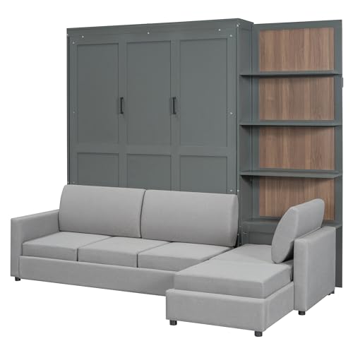 HABITRIO Queen Size Murphy Bed, Wooden Queen Murphy Bed Frame with Shelves, Wall Bed with L-Shape Sofa, Gray