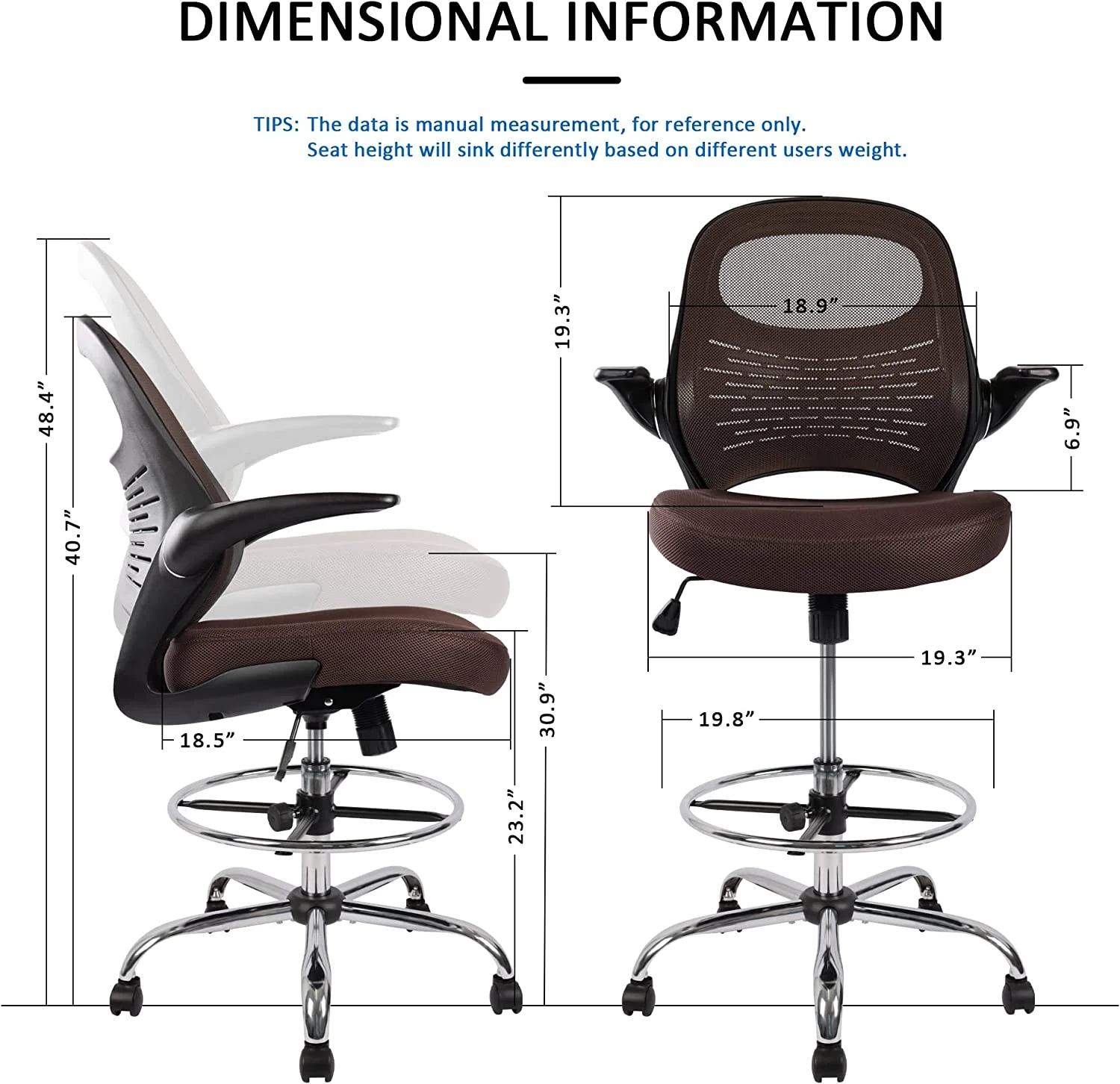 Drafting Chair, Tall Office Chair for Standing Desk, Brown Mesh Drafting Desk Chair with Flip-Up Arms, Adjustable Height and Foot Ring