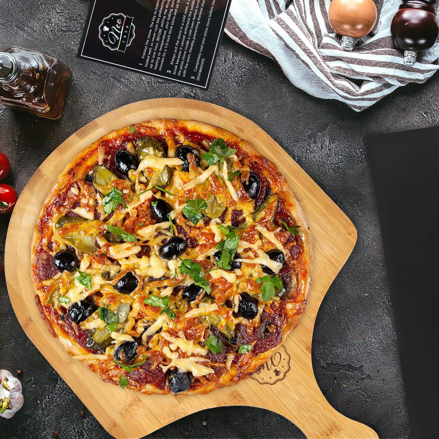 NeoCasa Black Cordierite Ceramic Coated Pizza Stone Pan Set with Bamboo Pizza Peel & Pizza Cutter - Baking Stones for Oven, Grill & BBQ