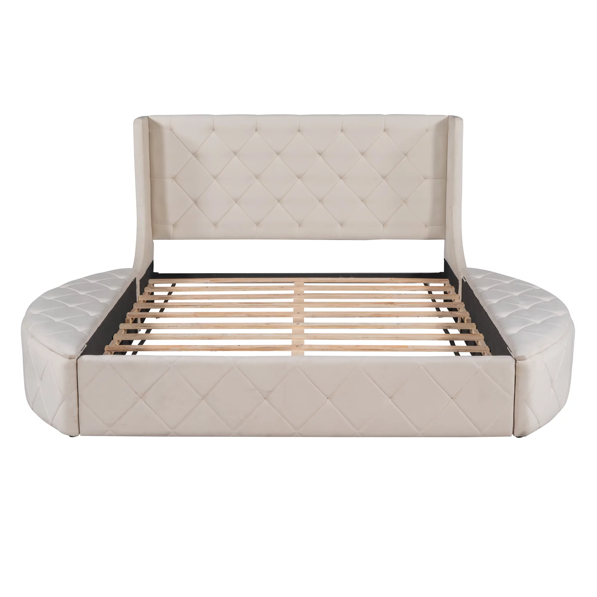 Churanty Queen Upholstered Storage Velvet Platform Bed with Wingback Headboard,Storage Platform Bed Frame with Drawer and 2Side Storage Stool,Beige