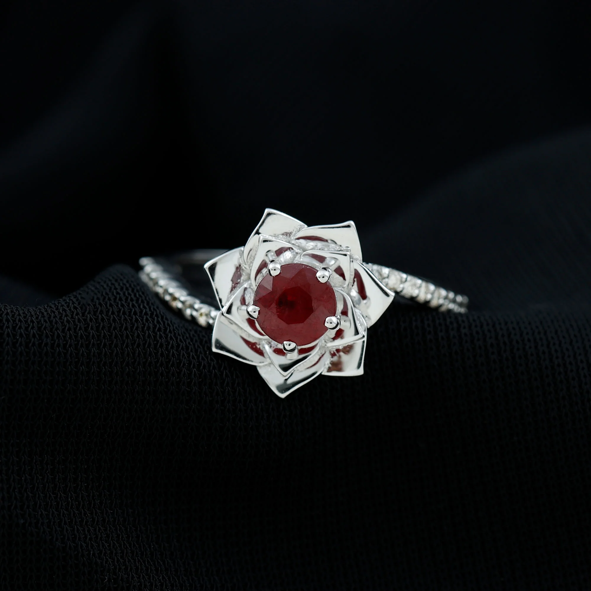 Natural Ruby Rose Floral Ring with Diamond for Women (5 mm) - 1 CT, AAA Grade, 925 Sterling Silver, US 4.00