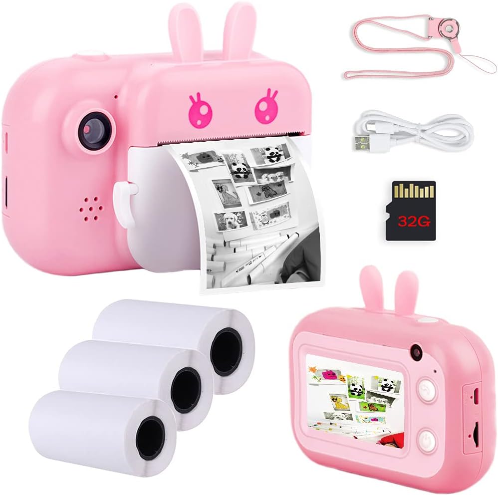 Instant Print Camera for Kids, Zero Ink Kids Cameras That Print Photos, 2.4 Color Screen, Portable Selfie Digital Camera, Birthday for Girls