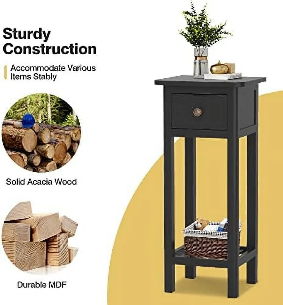HJZUINIUNIU Narrow Side Table  Small End Table for Small Spaces  Farmhouse Acacia Wood Slim Side Table  Small Bedside Tables Thin Nightstand w/Drawer