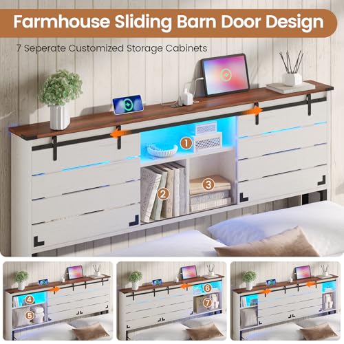 VIAGDO Wooden Bed Frame Queen Size with Bookcase Headboard and Sliding Barn Door, Farmhouse Queen Bed Frame with Charging Station