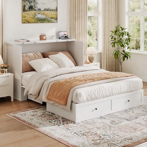 Queen Murphy Bed with Storage & Charging Station, Murphy Cabinet with Foldable Panel, Noisy Free, for Guest Bedroom, Living Room, Office
