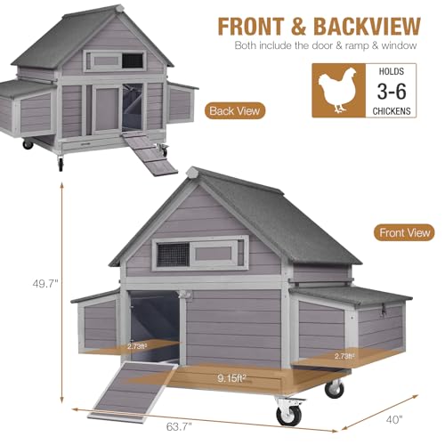 Chicken Coop Large Wooden Chicken Tractor for 6&ndash;8 Chickens, Outdoor Hen House with Metal Run Poultry Cage-Upgraded All Metal Frame