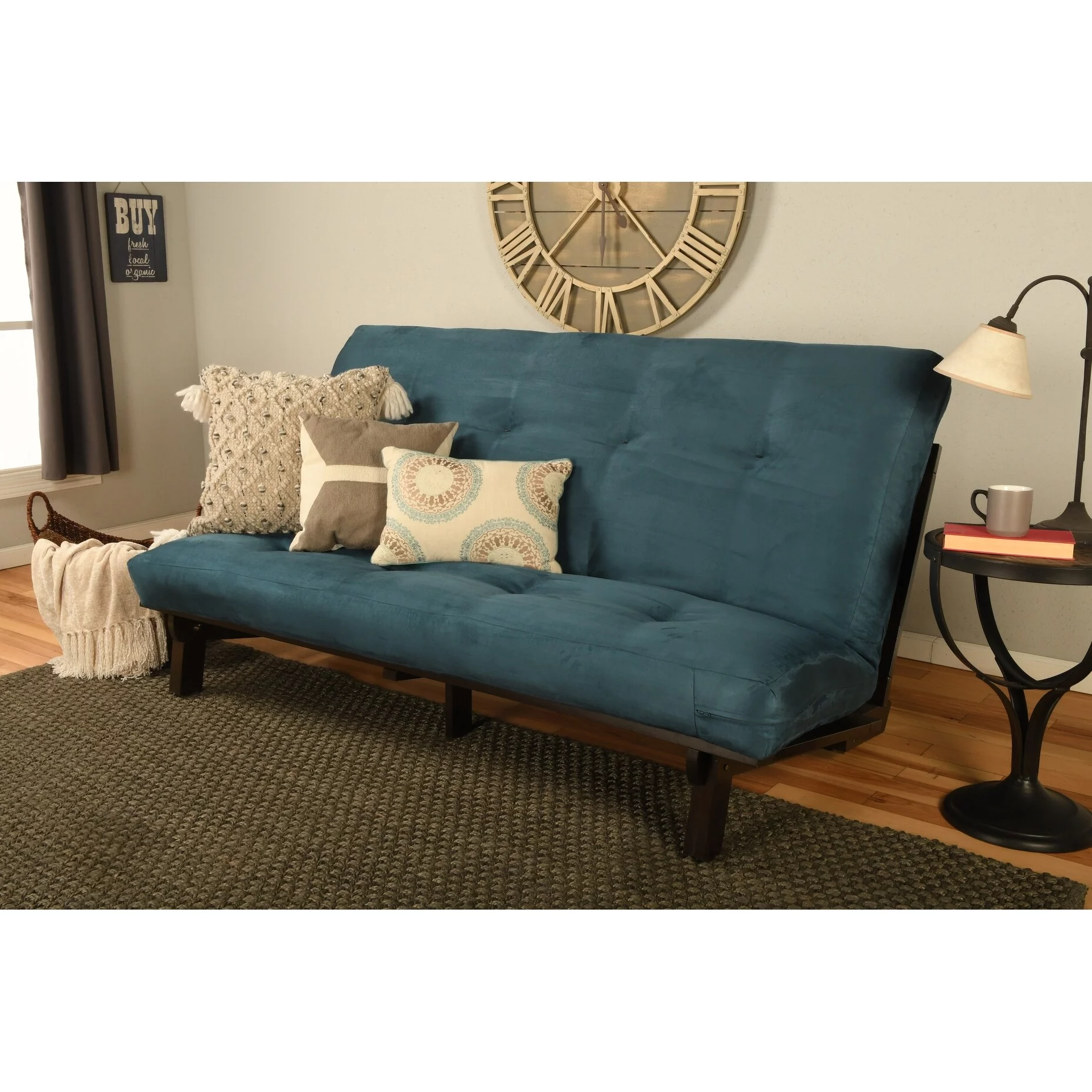 Kodiak Furniture Carson Wood Futon in Java Brown Finish with Suede Gray Mattress
