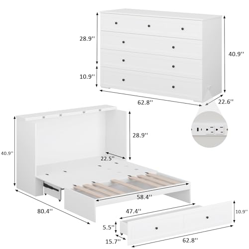 Queen Murphy Bed with Storage & Charging Station, Murphy Cabinet with Foldable Panel, Noisy Free, for Guest Bedroom, Living Room, Office