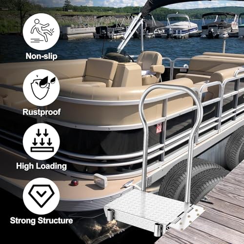 Folding Boat Boarding Platform with Handrail 500LBs Load Dock Step Dock Extension Ramp to Step Up Down Non-Slip Heavy Duty Steel rustproof with
