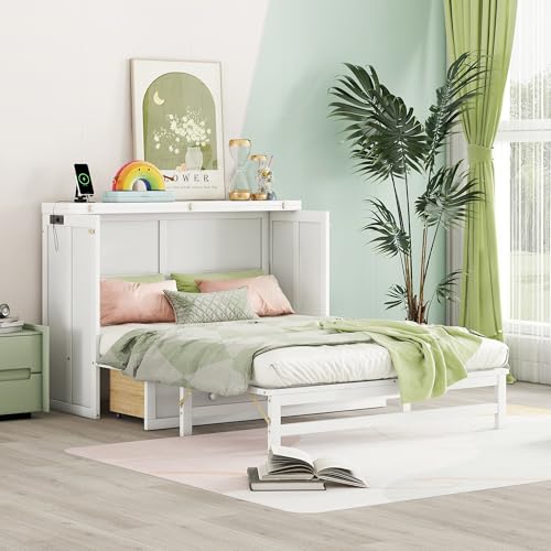 KEIKI Full Size Cabinet Murphy Bed with Charging Station and Drawers, Multiple Storage Foldable Hideaway Wall Murphy Bed Frame with Solid Slats