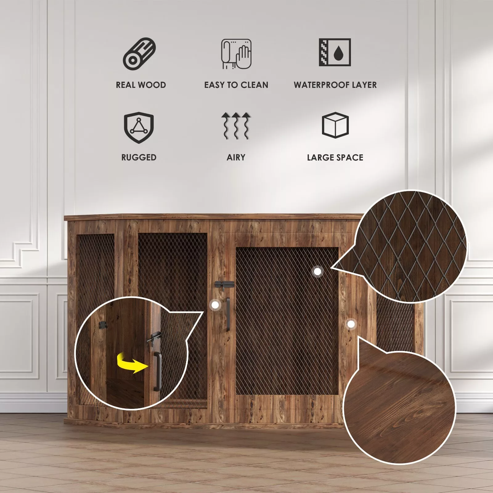 KPIBEST Corner Dog Crate Furniture, Dog Kennel Furniture with Metal Mesh, Wooden Dog Crate End Table, Small Medium Dogs, Brown