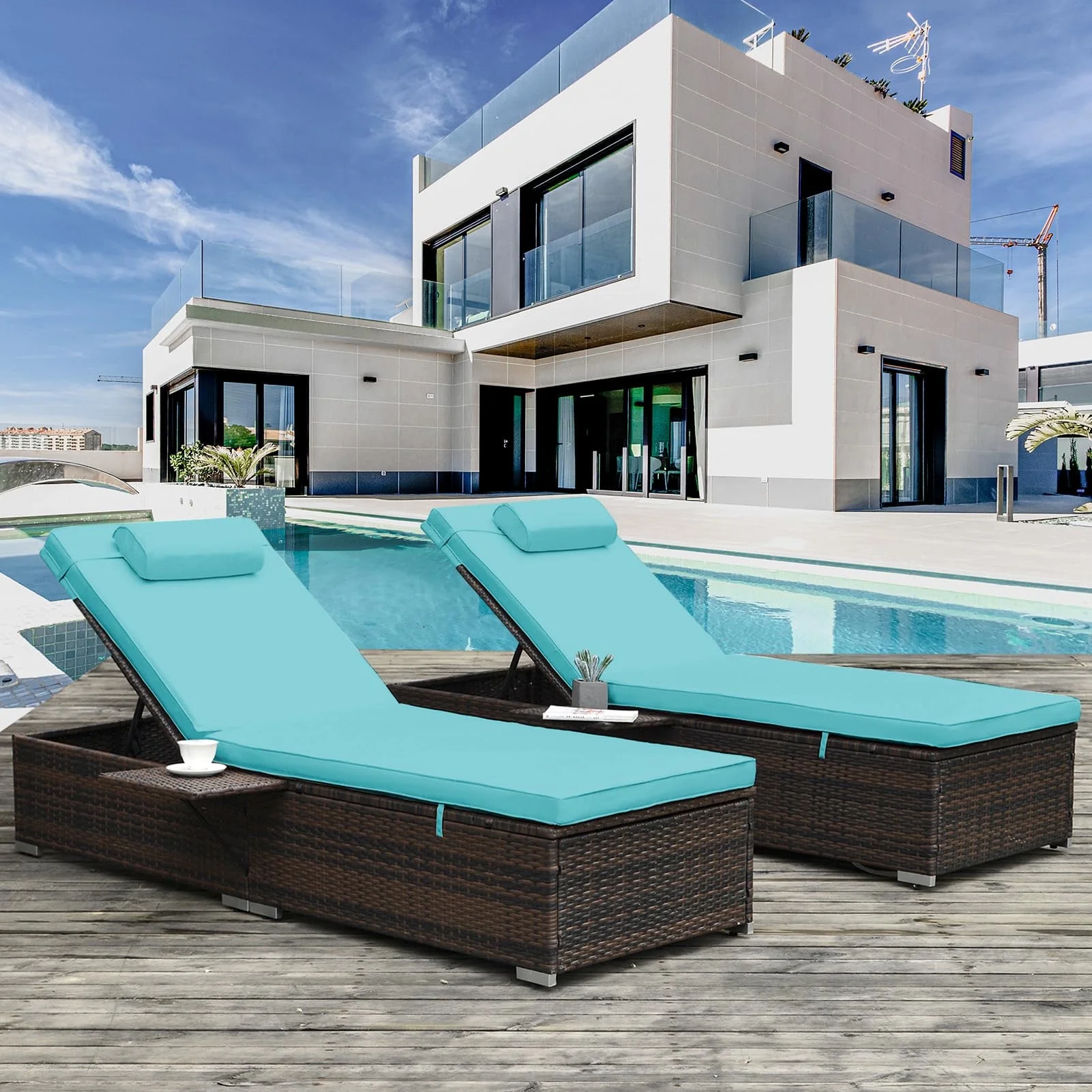 Outdoor Chaise Lounge Set of 2,Rattan Wicker Chaise Lounge with Adjustable Backrest and Removable Cushions