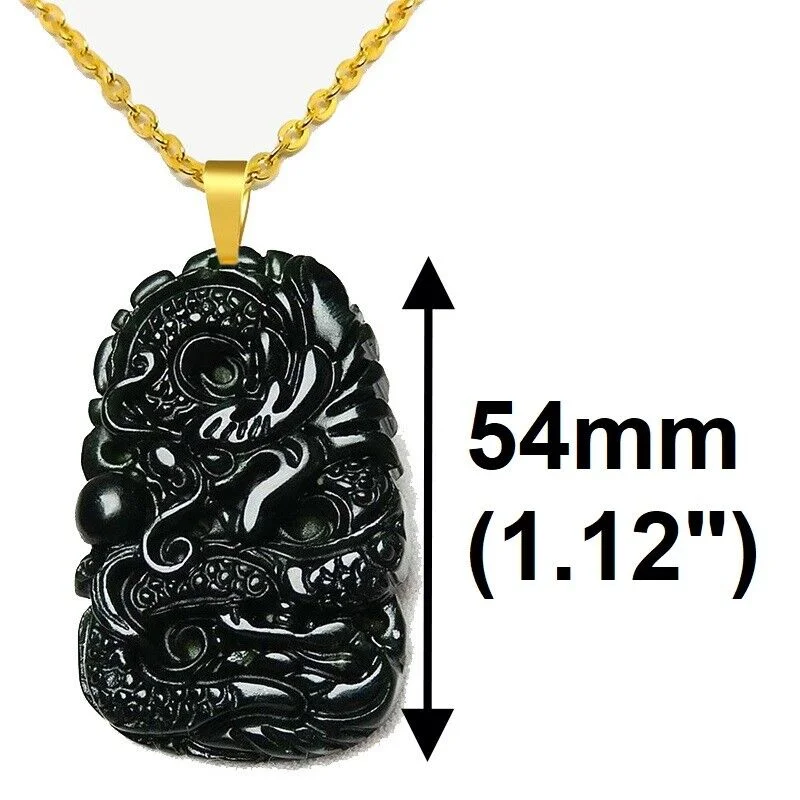 18K Gold Filled Over Silver Mens 24" Black-Green Jade Dragon Necklace D938