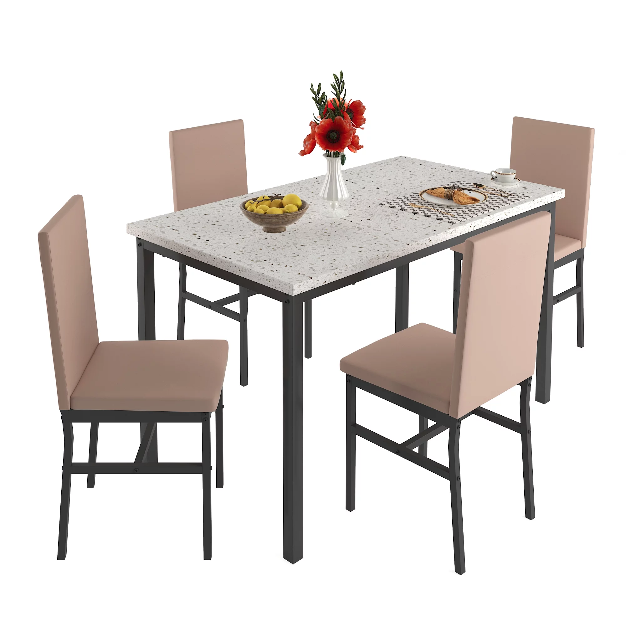 5 Piece Kitchen Dining Table Set, Marble Top Dining Set for 4 with Faux Leather Chair, Elegant Dining Room Set, Space Saving Table and Chairs