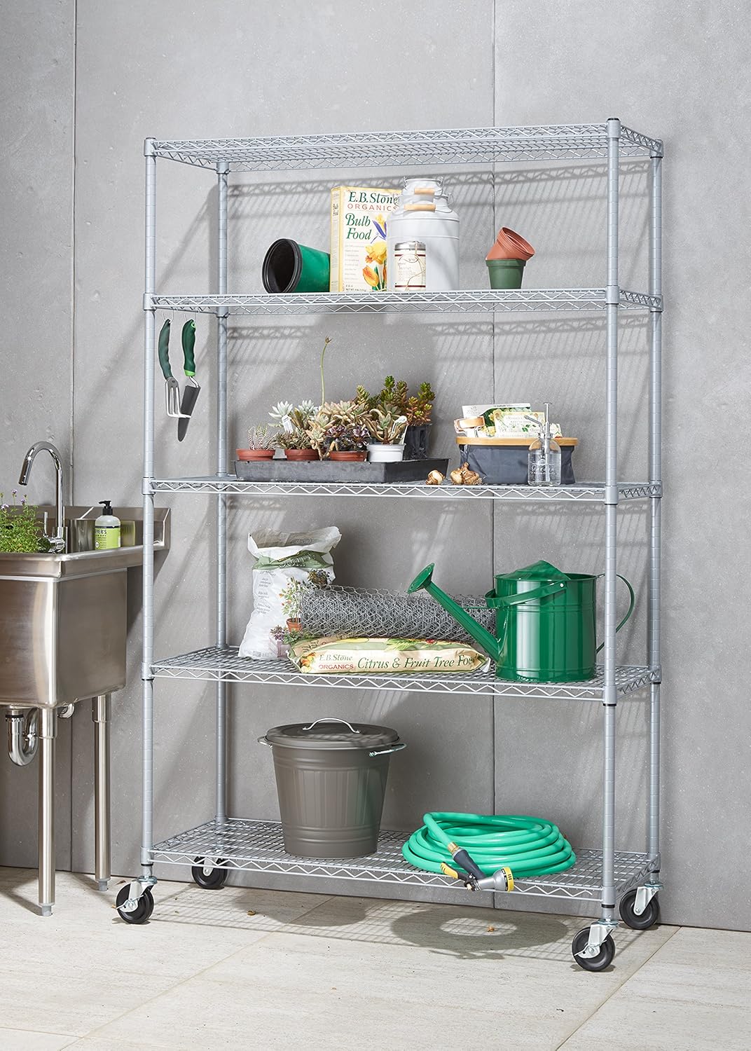 TRINITY EcoStorage Heavy Duty 5-Tier Adjustable Wire Shelving with Wheels for Outdoor Use, Garage Storage and More, NSF Certified