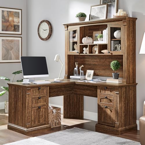 OKD 60" Executive Desk with Drawers, Farmhouse Home Office Desk with Charging Station, Keyboard Tray, File Cabinet Storage