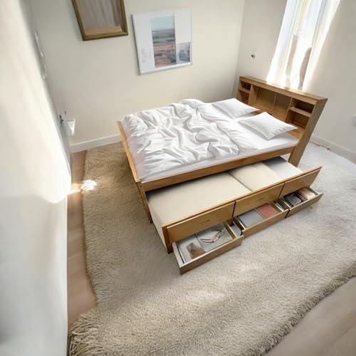 Full Size Platform Bed with 3 Drawers and Trundle,Captain’s Bed Frame with Storage Headboard Bookcase Shelves for Kids Teens Bedroom