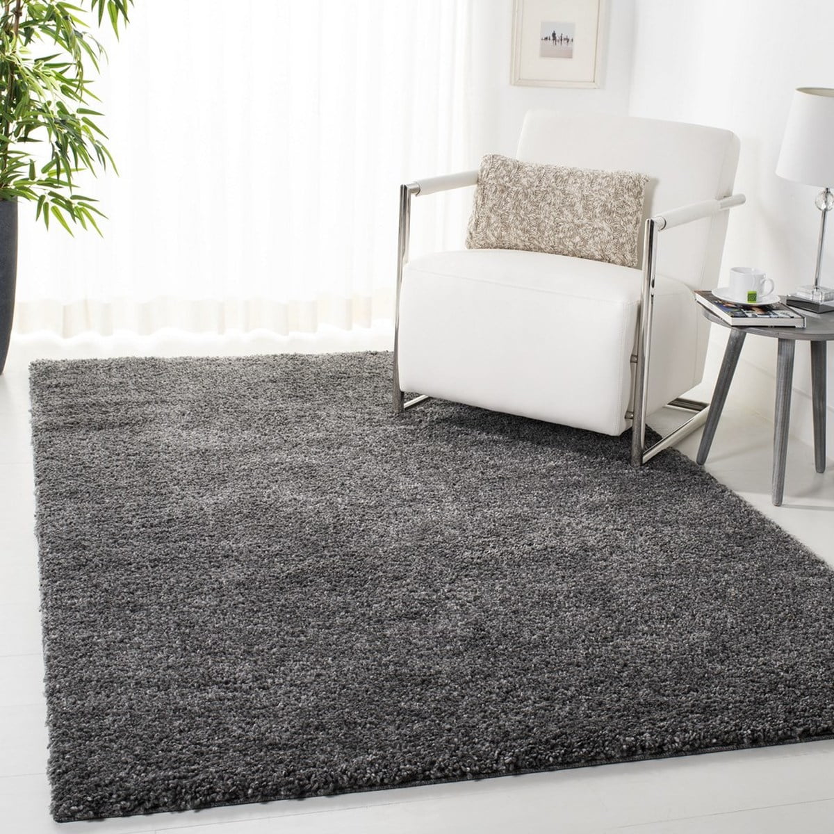 SAFAVIEH August Carlene Solid Plush Shag Area Rug, Grey, 4' x 4' Square