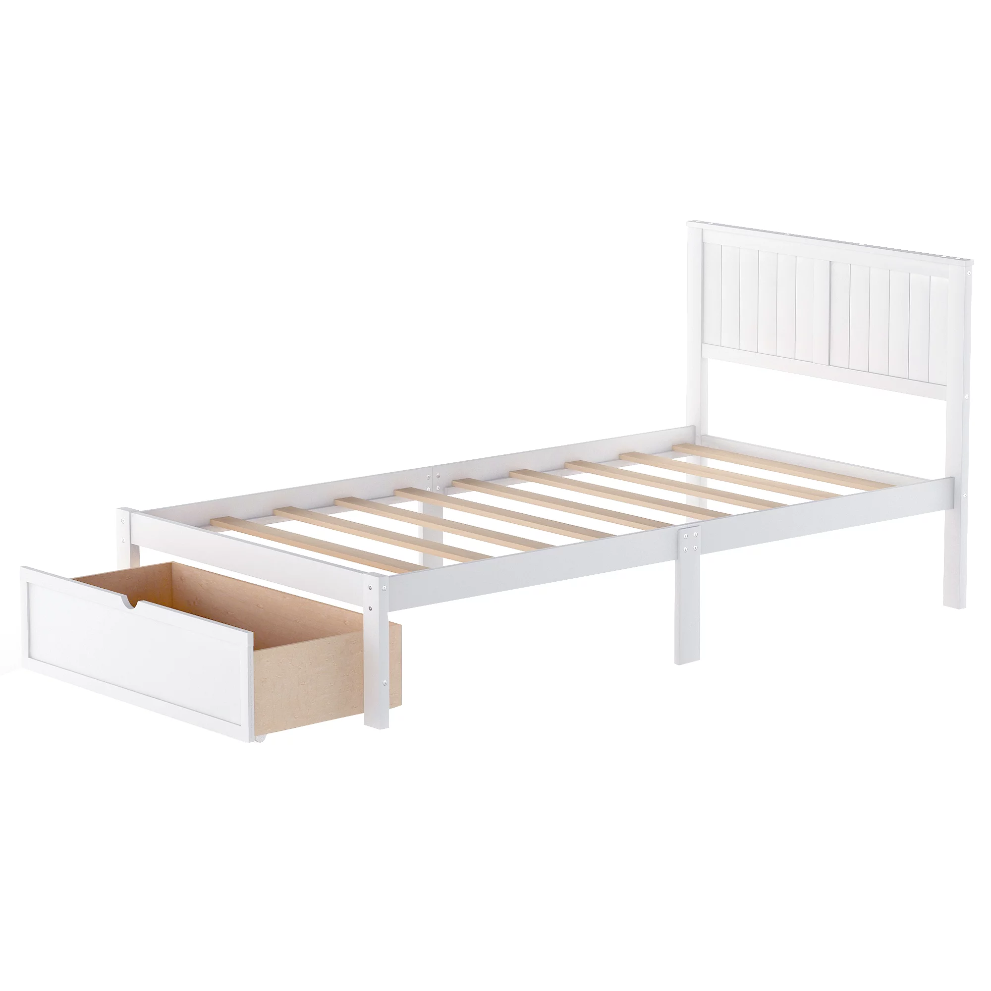 Twin Wood Platform Bed with Headboard & Big Storage Drawer for Kids, White