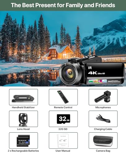 4K Video Camera Camcorder 64MP Vlogging Camera for YouTube 18X Digital Zoom 3.0" IPS Screen IR Night Vision with External Stereo Microphone