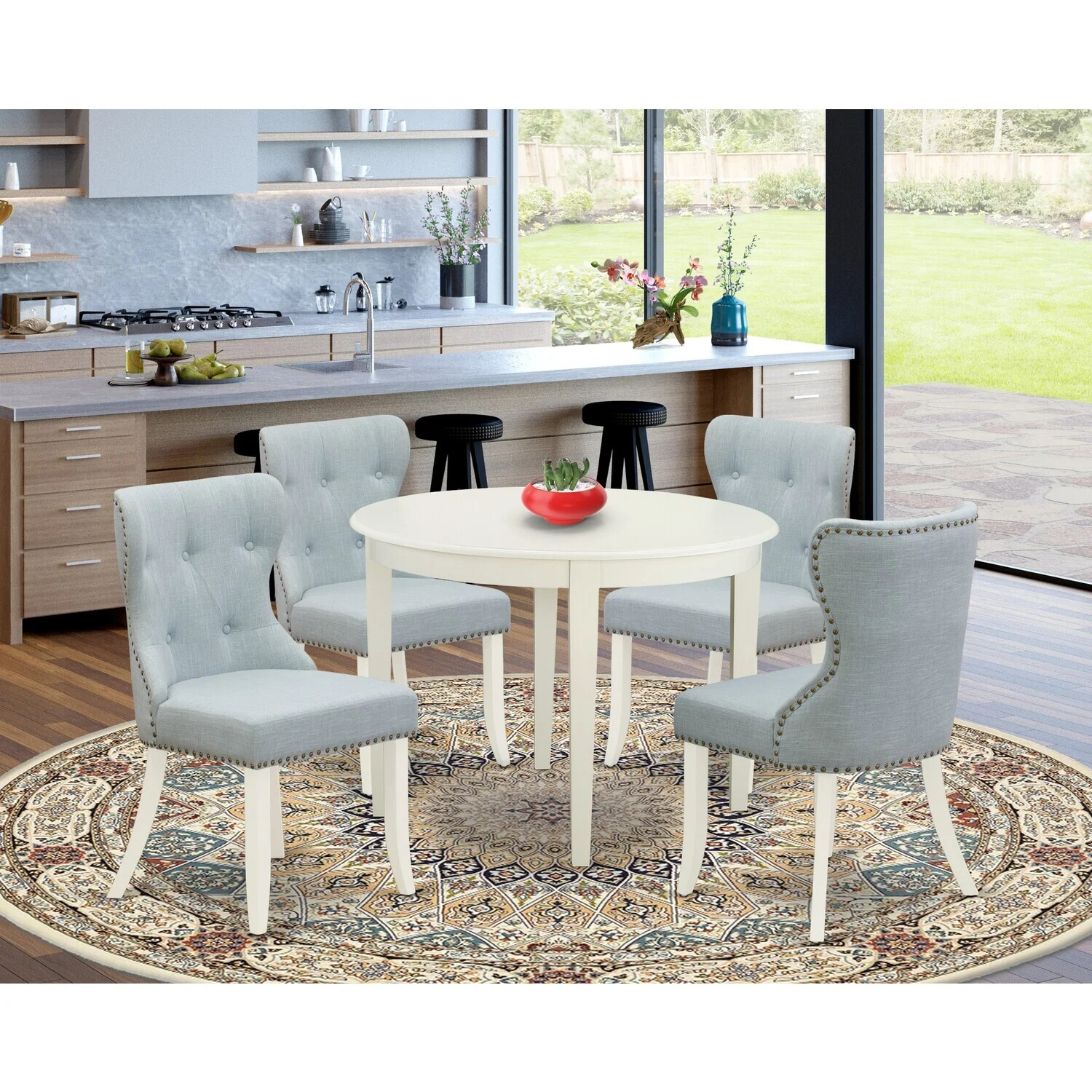 HomeStock Victorian Elegance Furniture- A Wooden Dining Table Set Of 4 Wonderful Dining Room Chairs With Fabric Baby Blue Color And A Gorgeous Wooden