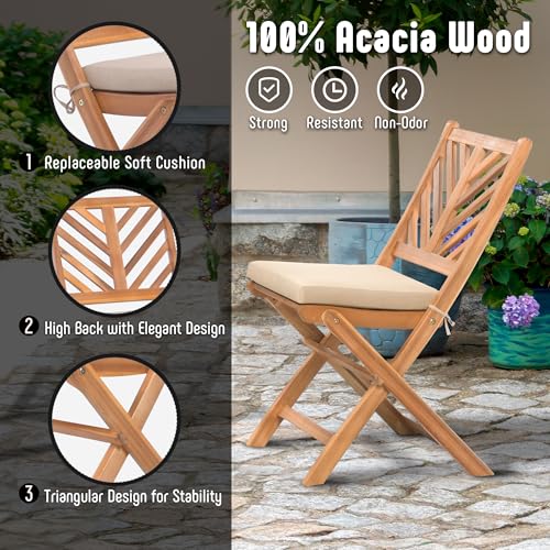 3-Piece Acacia Wood Patio Set, Foldable Bistro Table and Chairs Set of 2,Small Patio Furniture Set with Cushions