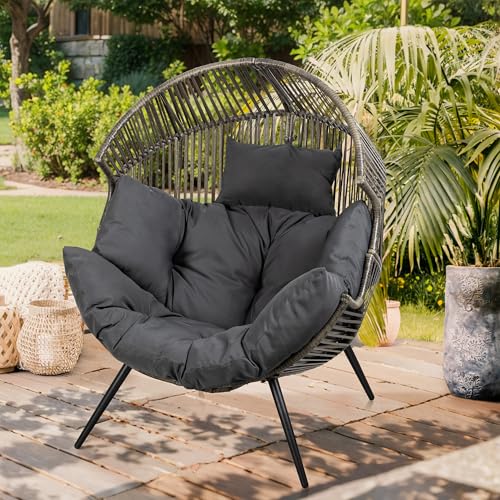 Vongrasig Outdoor Wicker Egg Chair PE Rattan Chair with Cushion, Oversized Patio Lounge Chair for Outdoor, Indoor, Balcony, Backyard, Garden, Black