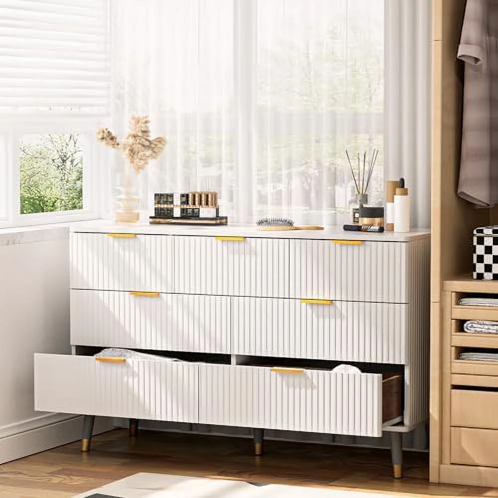 7 Drawer Dresser for Bedroom  Fluted White and Gold Dresser with Curved Profile Design   Dresser Wood  Dressers &amp