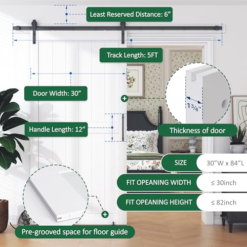 36 in x 84 in White Sliding Barn Door with 6FT Hardware Kit, Floor Guide and Handle Included, Waterproof PVC Surface, Pre-Drilled Holes Easy Assembly